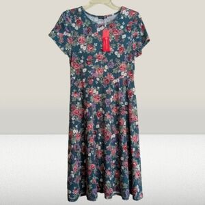 Urban Coco Feminine Floral Print Flare Dress Green Pink Short Sleeves Size S